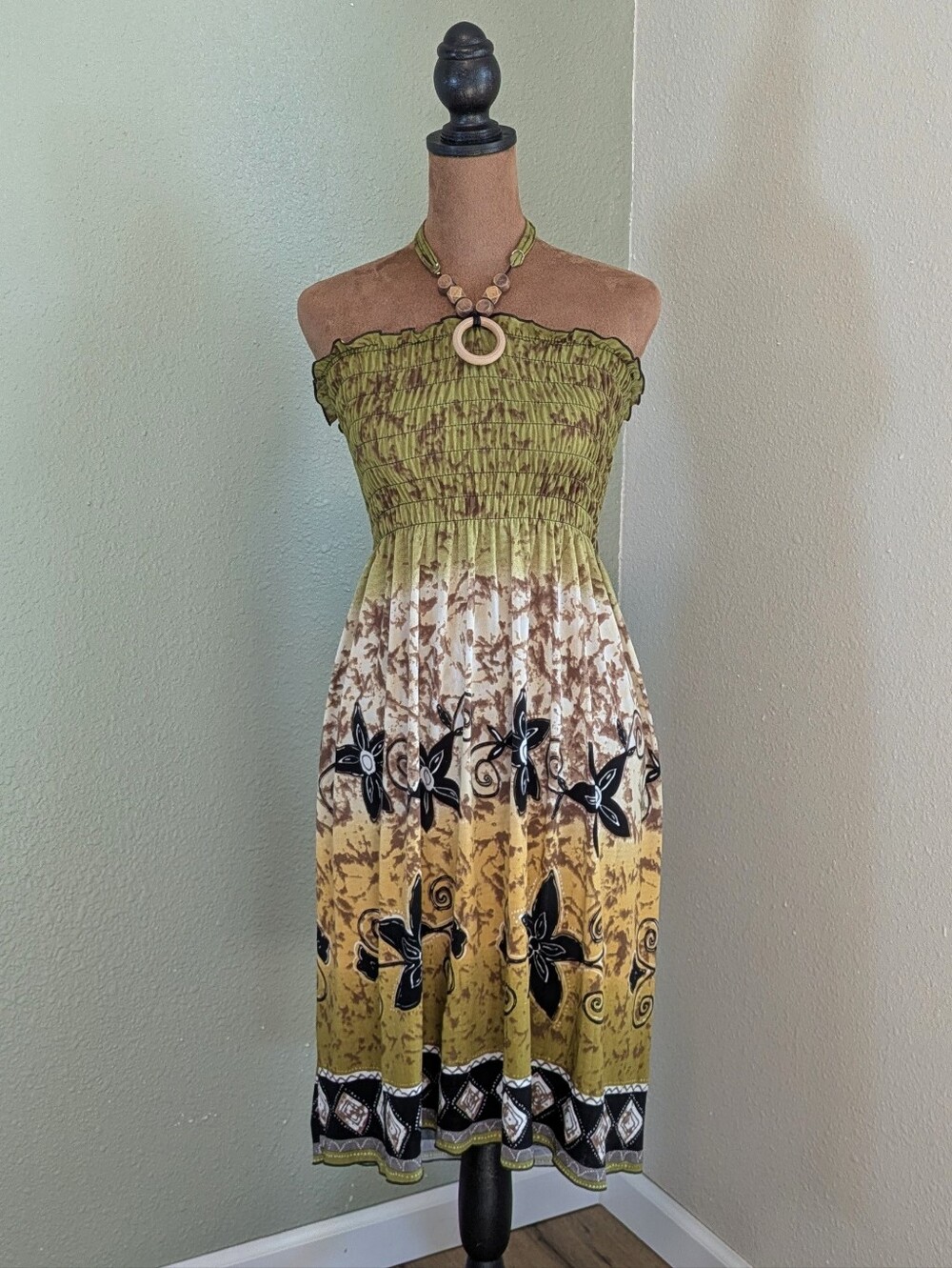Y2K Strapless Green & Yellow Floral Summer Dress